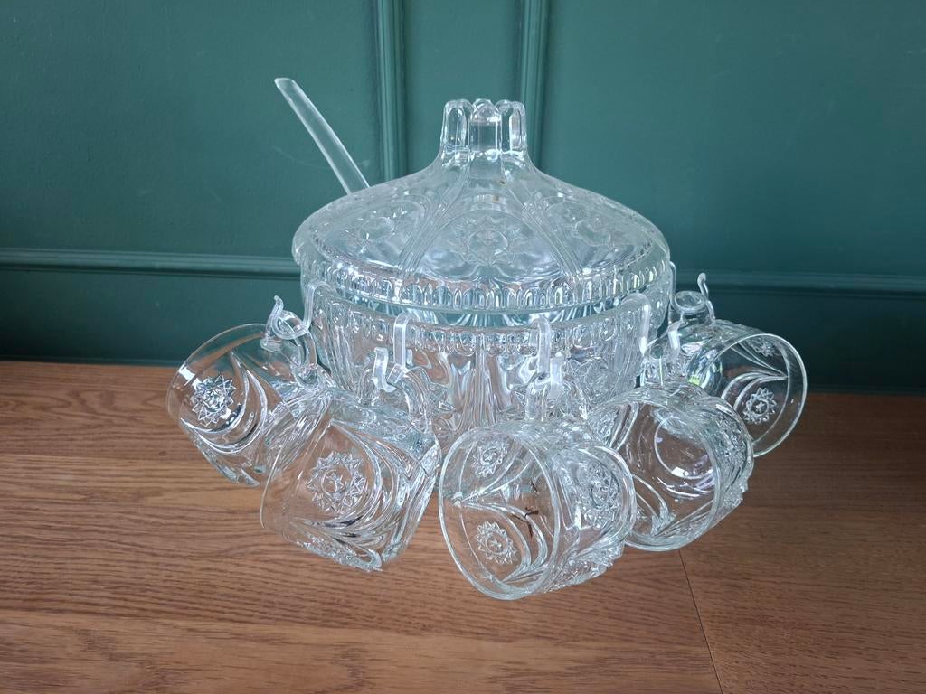 Mooie vintage kristallen punch bowl set met 5 kopjes, Ophalen