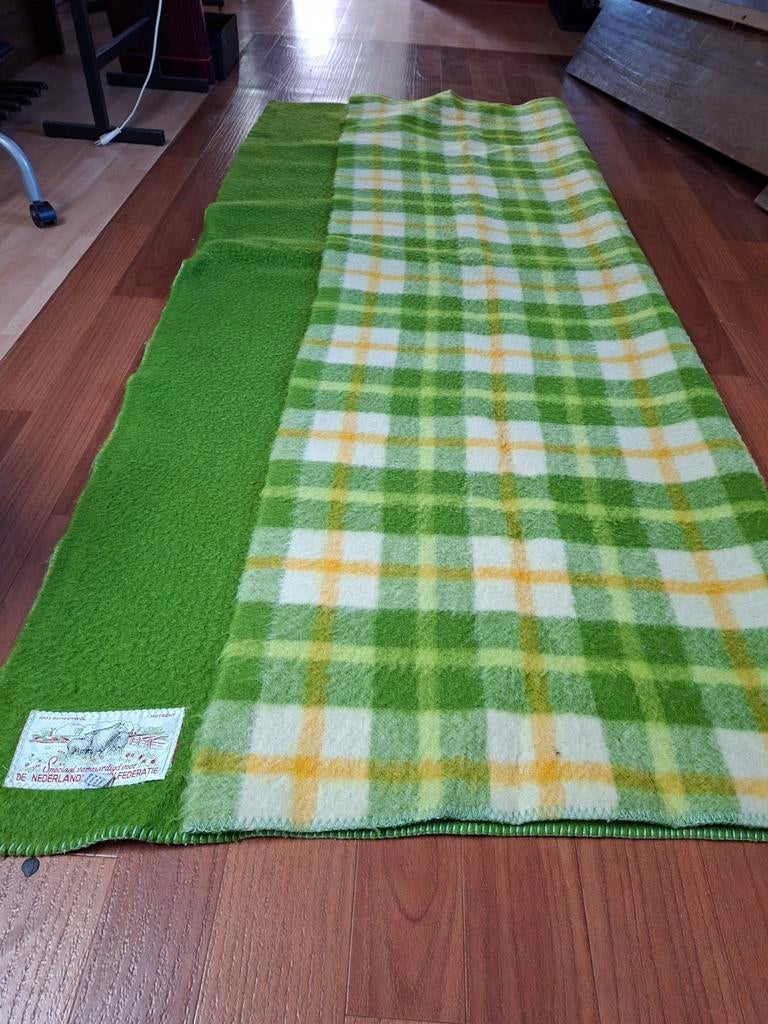 Wollen deken groen geel wit geblokt 160x210, Ophalen of Verzenden