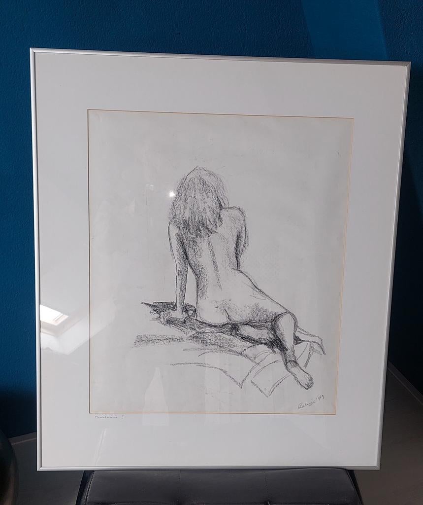 Grote ingelijste houtskooltekening vrouwelijk naakt, Antiek en Kunst, Ophalen