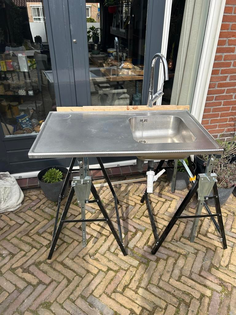 RVS wasbak met aanrechtblad kraan en sifon (incl. onderstel), Ophalen, Zilver, Metaal, Overige typen