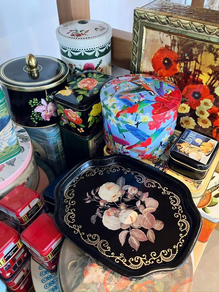 Vintage blik blikjes blikken retro droste Deco bloem vlinder, Ophalen, Zo goed als nieuw, Overige, Overige merken