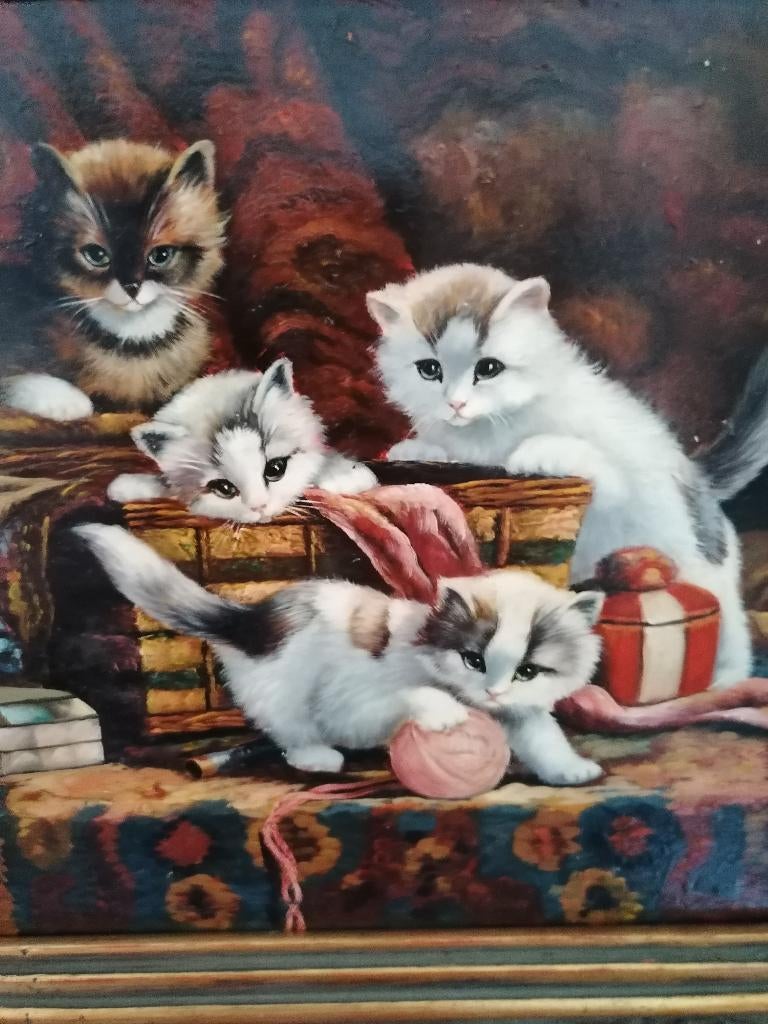 kittens olie op paneel oud werk, Ophalen