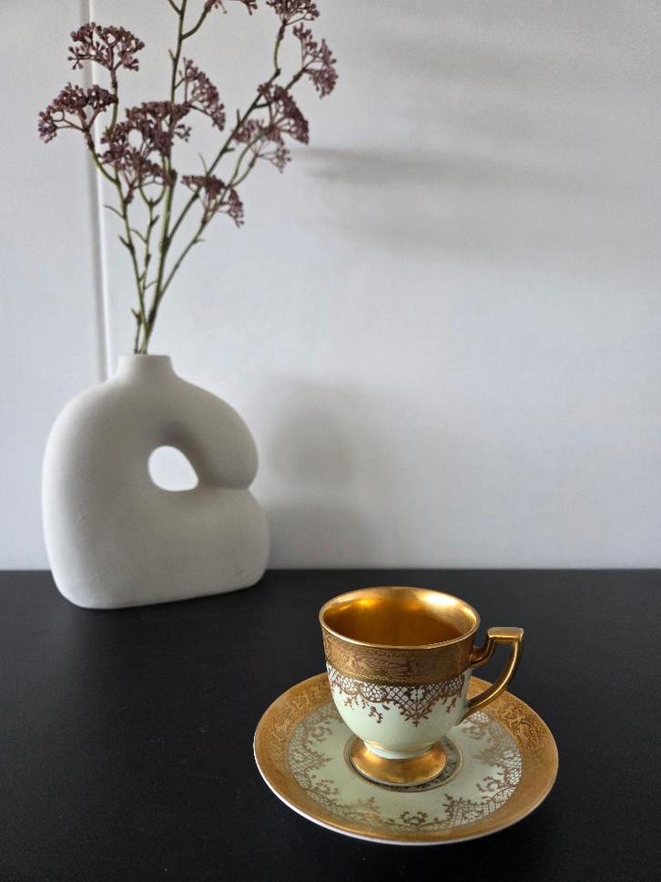 Vintage Tettau Bavaria kop en schotel mintgroen Echt Ätzgold, Antiek en Kunst, Antiek | Servies los, Ophalen of Verzenden