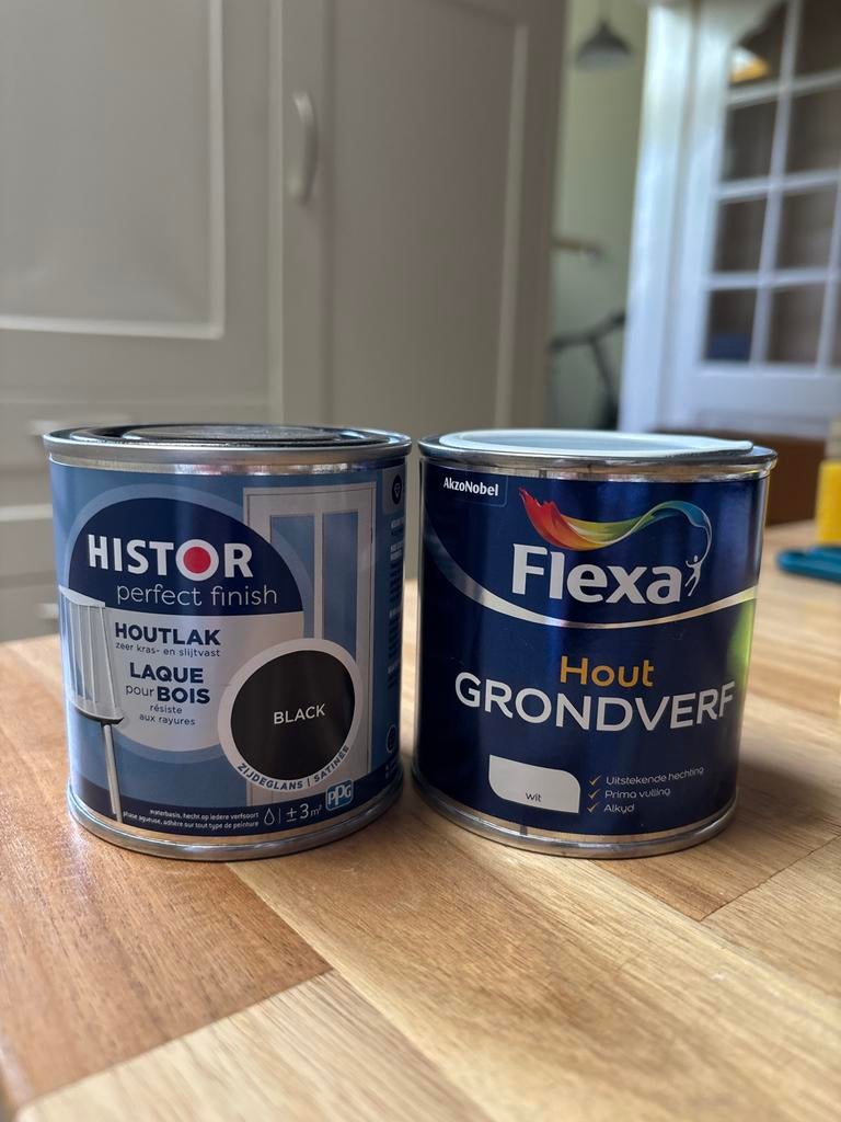 Flexa Hout Grondverf Wit 0.25L en Histor Houtlak Zwart, Wit, Ophalen of Verzenden, Zo goed als nieuw, Lak