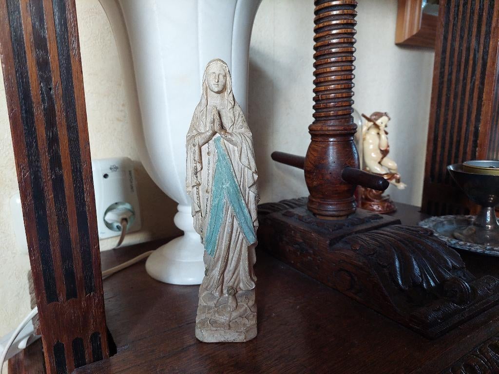 Heilige Maagd Maria met eikenhouten console / 21 cm / Gips, Antiek en Kunst, Antiek | Religie, Ophalen