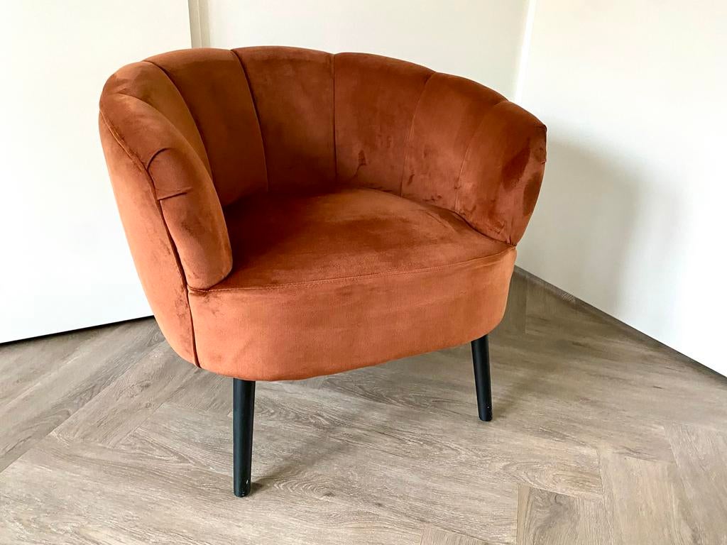velvet fauteuil – warm roest/oranje, Huis en Inrichting, Fauteuils, Ophalen, Minder dan 50 cm, Minder dan 75 cm, Zo goed als nieuw