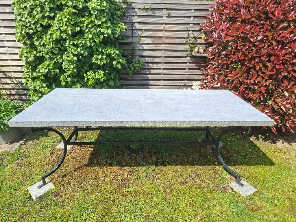 Tuintafel belgisch hardsteen 220x100x5 cm, incl. 6 stoelen, Ophalen, Gebruikt, Rechthoekig, Overige materialen
