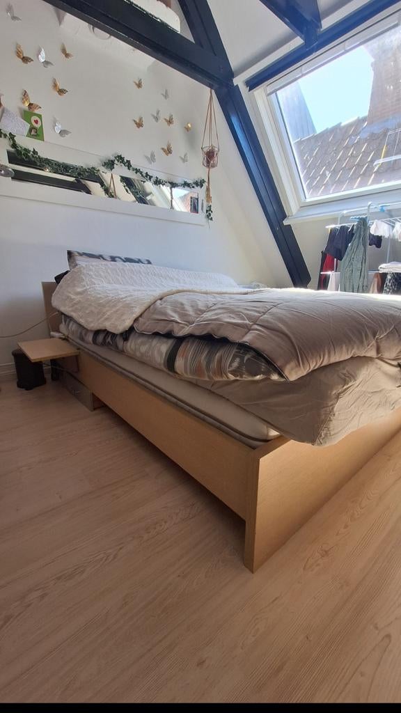 Bedframe 140x200cm met lattenbodem en gratis lades+plank, Ophalen, Gebruikt, Beige, Tweepersoons