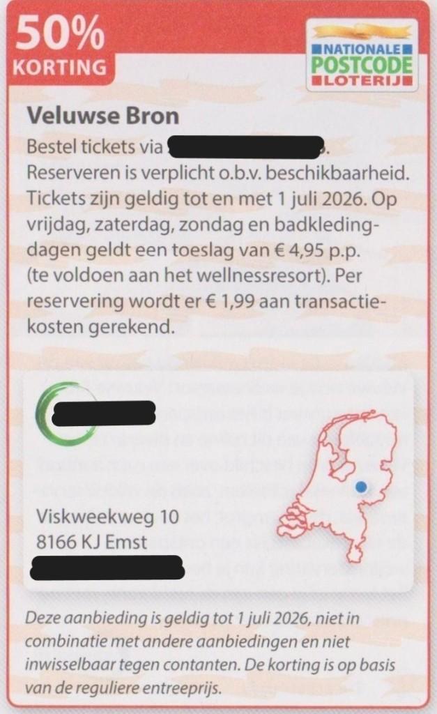 Veluwse Bron Emst. 50% korting. Postcodeloterij kortingsbon., Tickets en Kaartjes, Kortingen en Cadeaubonnen, Drie personen of meer