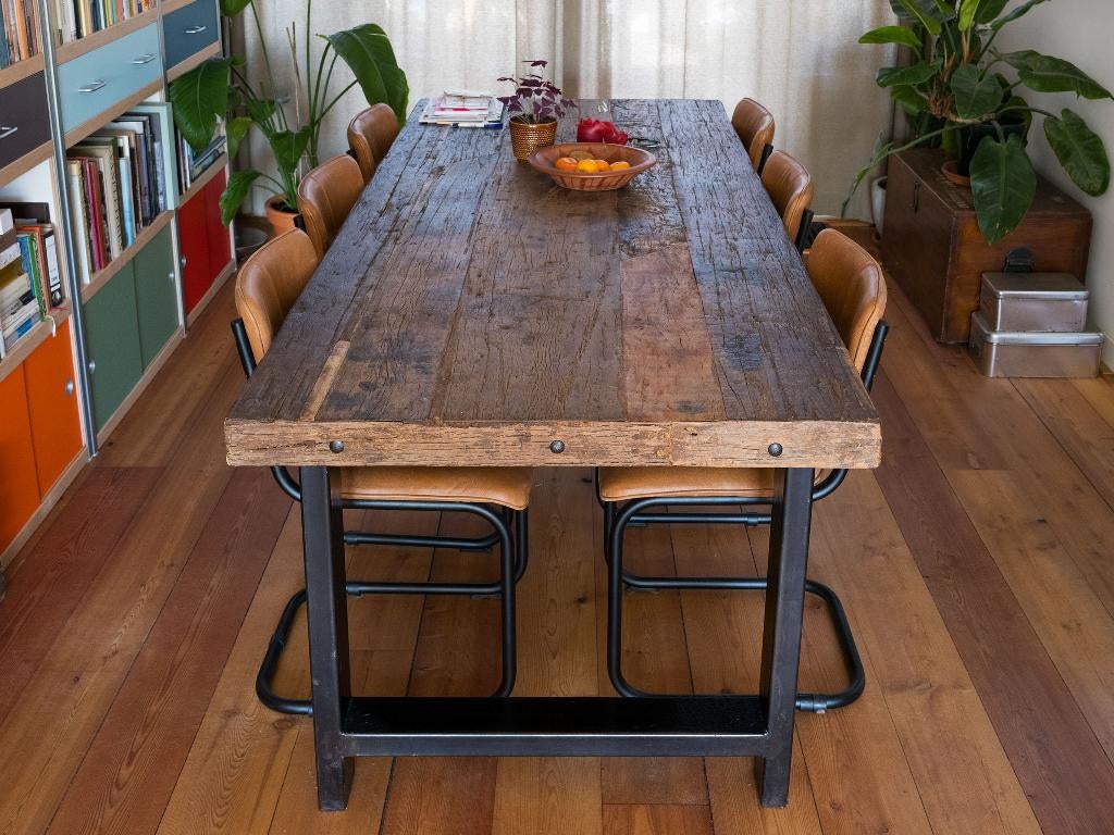 Houten eettafel met stalen poten 220 x 95 cm, Ophalen, Gebruikt, 200 cm of meer, 50 tot 100 cm