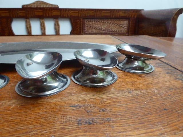 Vintage rvs serveerschaal met 6 coupes, Guy Degrenne, Ophalen of Verzenden