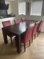 Massief houten eettafel met 6 leren eetkamerstoelen, Ophalen, Gebruikt, 200 cm of meer, 50 tot 100 cm