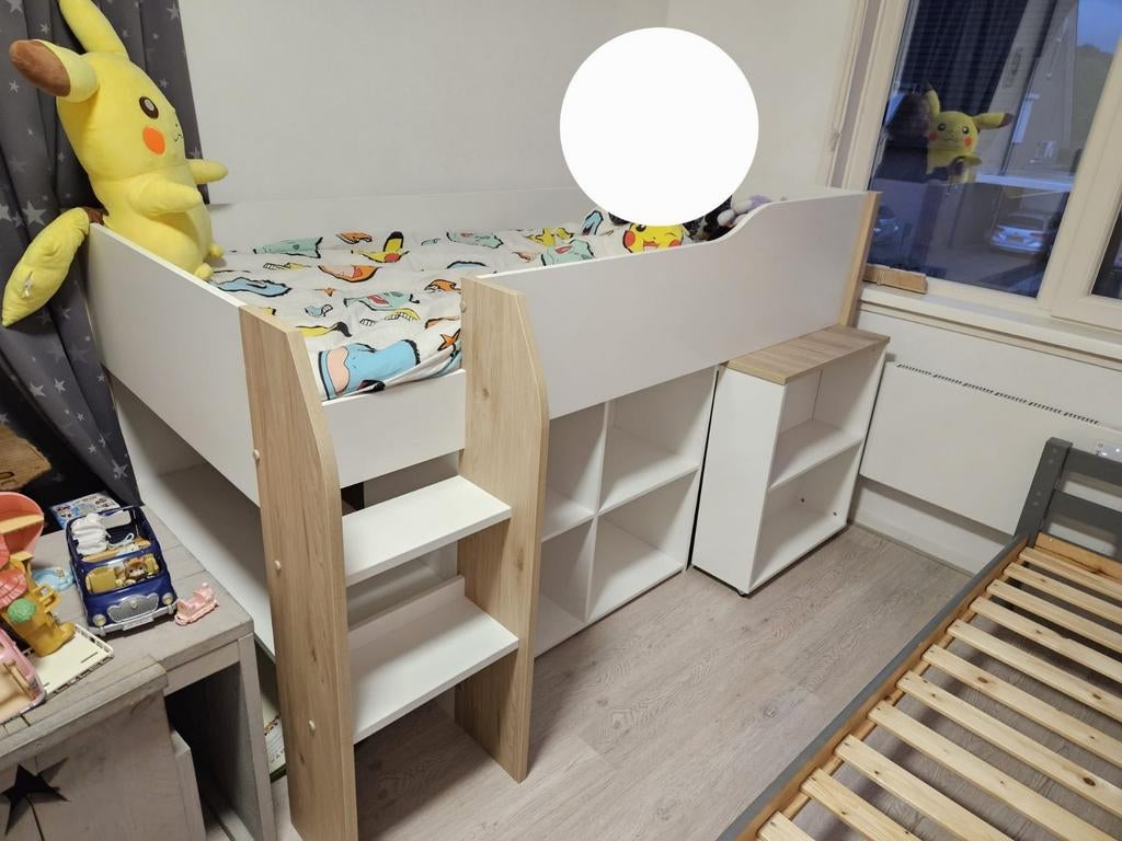 Half hoogslaper met trap en opbergruimte, Ophalen, Eenpersoons, 90 cm, Hoogslaper