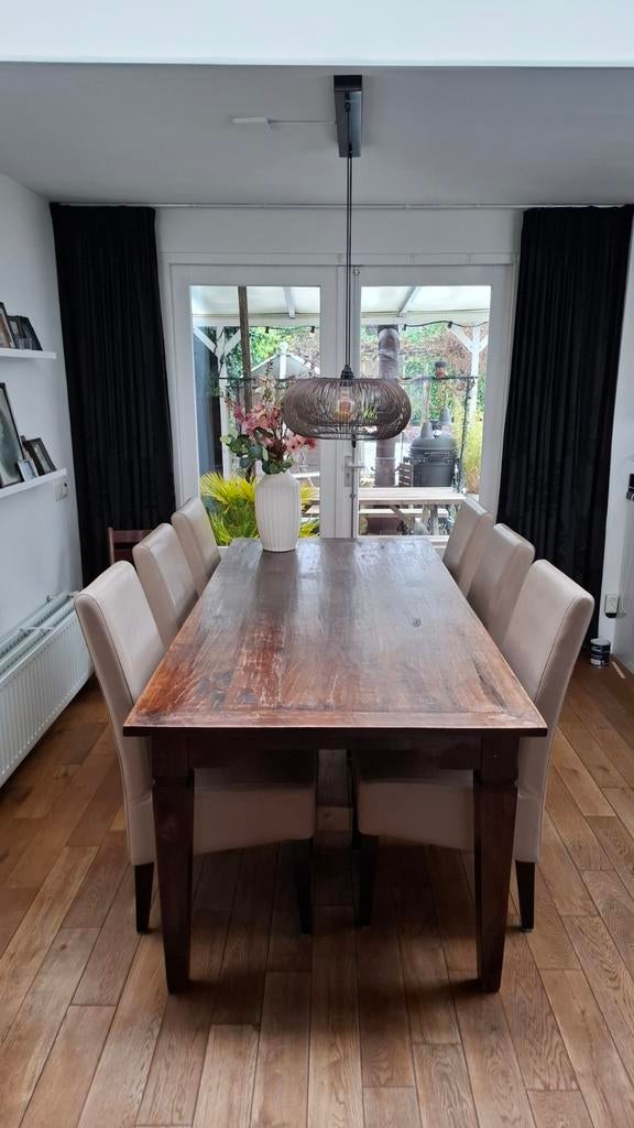 Koloniale eethoek met 6 zacht lederen stoelen, Ophalen, Gebruikt, Koloniaal, 6 tot 8 stoelen