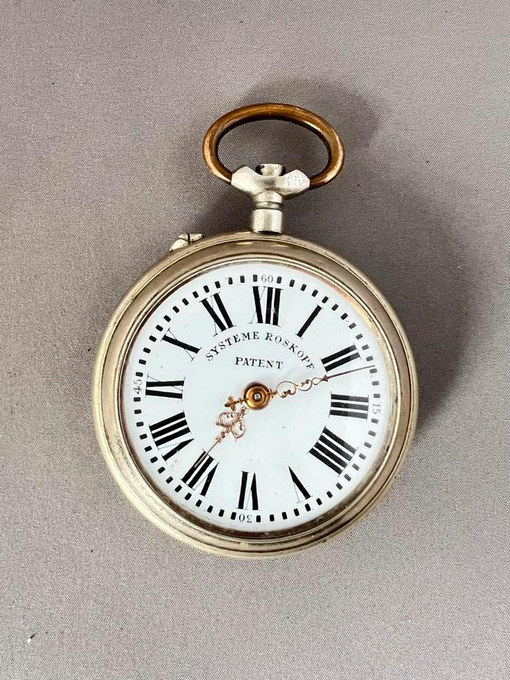 Antiek zakhorloge 'Systeme Roskopf Patent', Sieraden, Tassen en Uiterlijk, Horloges | Antiek, Zakhorloge, Overige merken, Zilver