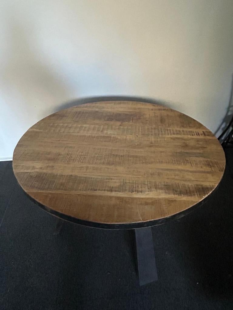 Eettafel massief mangohout met stalen rand, Huis en Inrichting, Tafels | Eettafels, Ophalen, Rond, Zo goed als nieuw, Vier personen