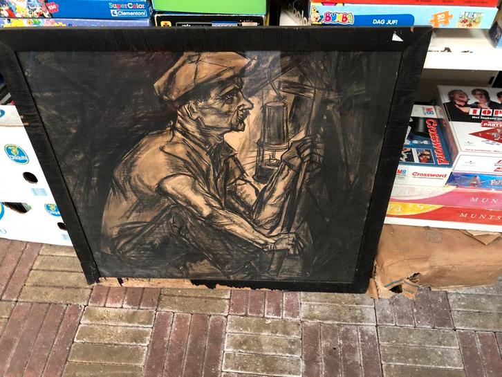 Schilderij Mijnwerker met Lamp, Antiek en Kunst, Kunst | Tekeningen en Foto's, Ophalen of Verzenden