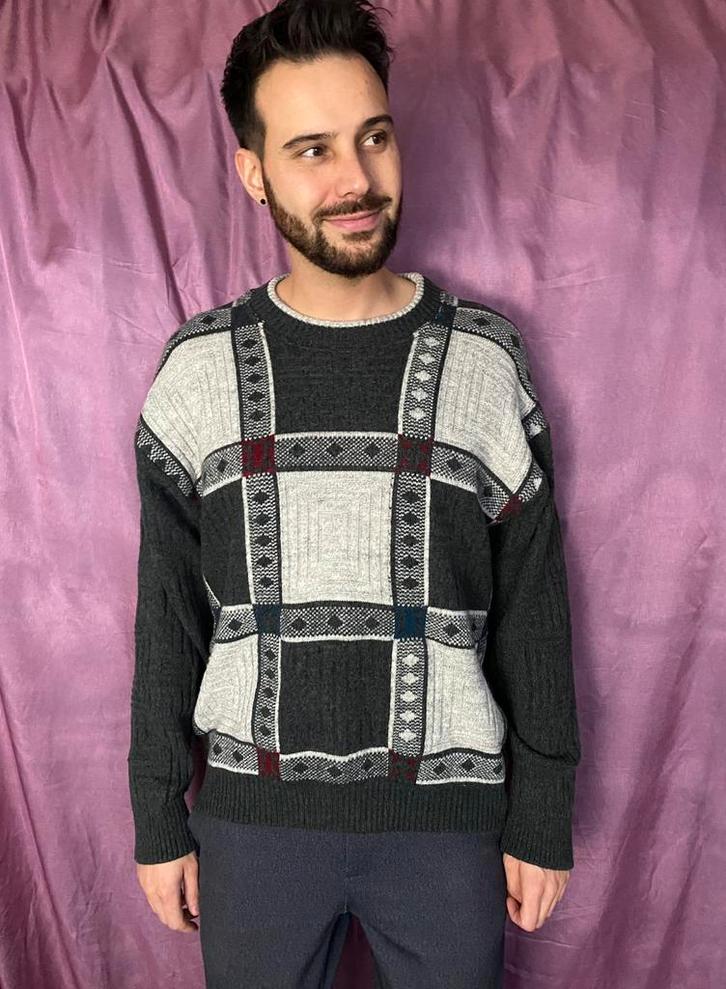 Vintage trui Monte Carlo - vlakken - grijs - M/medium, Kleding | Heren, Truien en Vesten, Gedragen, Maat 48/50 (M), Grijs, Ophalen of Verzenden