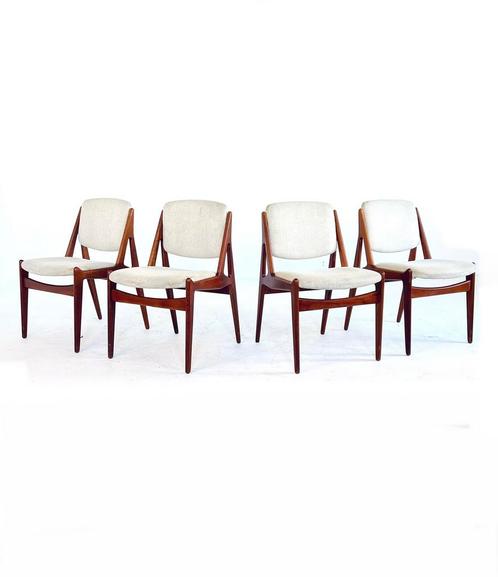 Set van 4 vintage ‘Ella’ eetkamerstoelen, Arne Vodder ‘60, Huis en Inrichting, Stoelen, Zo goed als nieuw, Vier, Hout, Stof, Bruin