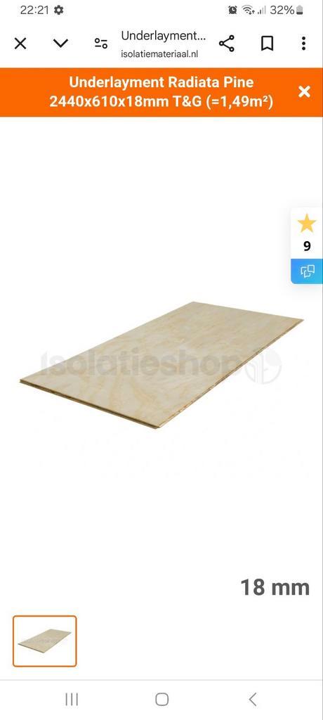 Radiata pine, 18mm underlaymend. Per m2, Doe-het-zelf en Verbouw, Platen en Panelen, Zo goed als nieuw, Overige materialen, Minder dan 20 mm