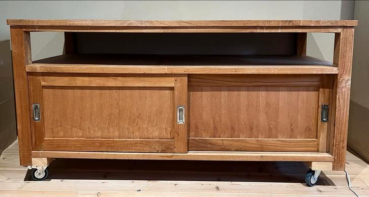 Teakhouten Dressoir Kast op Wielen, Huis en Inrichting, Kasten | Televisiemeubels, Gebruikt, Minder dan 100 cm, 100 tot 150 cm