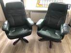 2 Groene leren relaxfauteuils op draaivoet, Ophalen, Scandinavisch design, Leer, Zo goed als nieuw