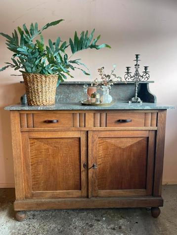 Vintage houten commode eik met grijs bruin marmeren blad beschikbaar voor biedingen