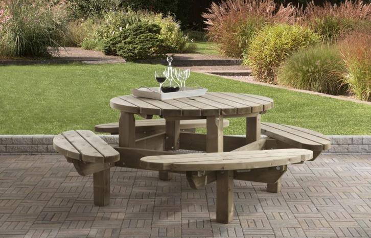 Picknicktafel tafel rond of rechthoek tuinbank picknick bank, Tuin en Terras, Picknicktafels, Nieuw, Hout, Ophalen of Verzenden