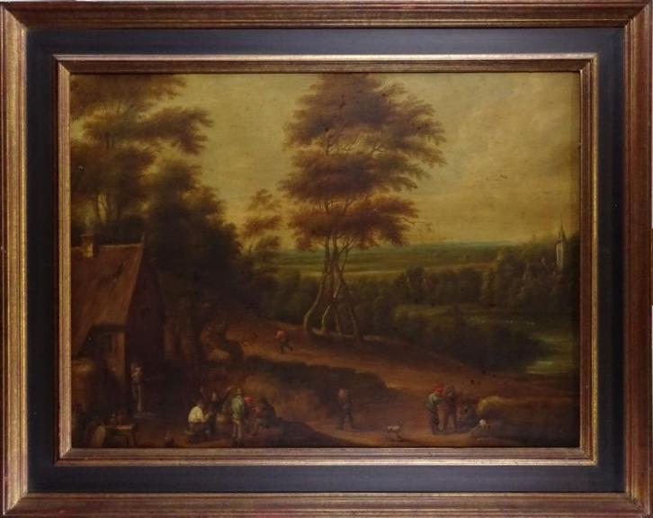Antiek schilderij op doek - Dorpsleven in het landschap, Antiek en Kunst, Kunst | Schilderijen | Klassiek, Ophalen