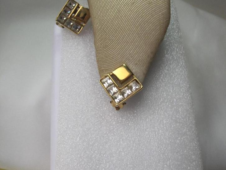 Oorbellen  vierkant /rijnstenen, Sieraden, Tassen en Uiterlijk, Oorbellen, Zo goed als nieuw, Overige materialen, Goud, Met kristal