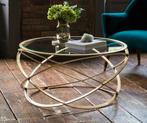 Salontafel van glas en metaal (goud), Ophalen, Rond, 50 tot 100 cm, Zo goed als nieuw