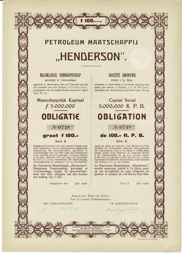 50 x Petroleum Mij Henderson 1908 - Obligatie ƒ100 - Serie K beschikbaar voor biedingen