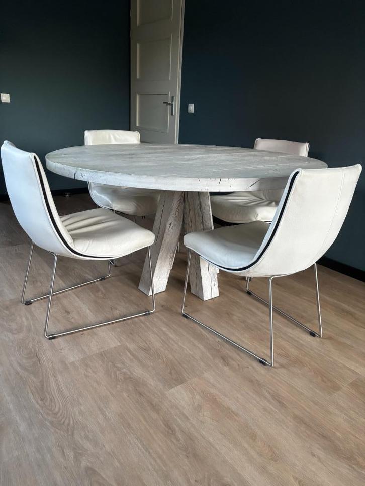 Eetkamertafel massief eiken + vier lederen stoelen, Huis en Inrichting, Tafels | Eettafels, Gebruikt, 150 tot 200 cm, 50 tot 100 cm