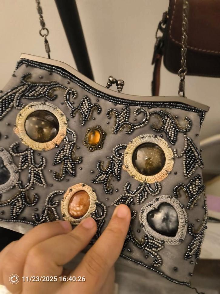 Antieke vintage Bandolera Tas, Sieraden, Tassen en Uiterlijk, Tassen | Damestassen, Zo goed als nieuw, Schoudertasje, Grijs, Ophalen of Verzenden