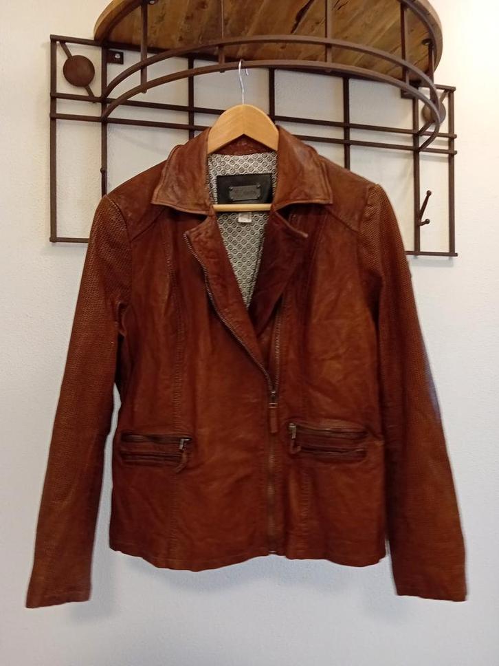Bruin cognakkleur leren jack van JCC, Kleding | Dames, Jassen | Winter, Zo goed als nieuw, Maat 46/48 (XL) of groter, Bruin, Ophalen of Verzenden