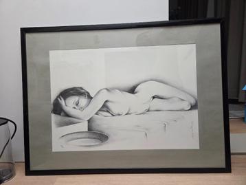 Vintage Litho Tekening van naakte vrouw (in glazen lijst) beschikbaar voor biedingen