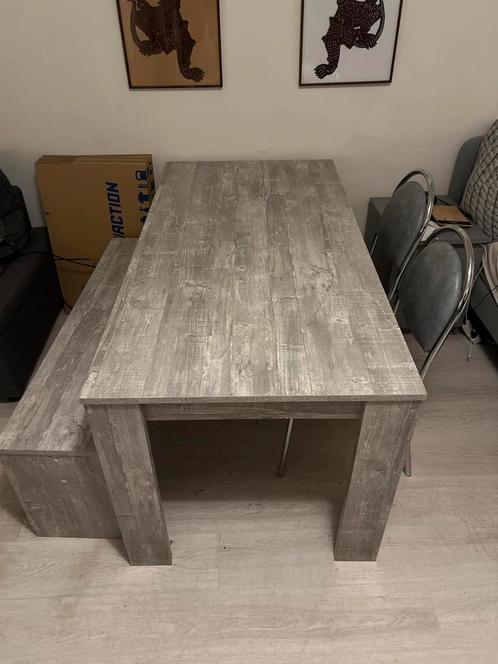 Grijze Houten Eettafel met Bankje 160 x 80 cm, Huis en Inrichting, Tafels | Eettafels, Zo goed als nieuw, 50 tot 100 cm, 150 tot 200 cm