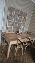 Massief houten eettafel 160 cm + 6 stoelen – boho / landelij, Ophalen, Zo goed als nieuw, 4 tot 6 stoelen