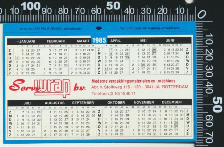 Sticker: Servo Wrap - Jaarkalender 1985 - Rotterdam, Verzamelen, Stickers, Zo goed als nieuw, Bedrijf of Vereniging, Ophalen of Verzenden