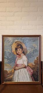 Mooie vintage lijst met geborduurd Victoriaans meisje, Gebruikt, 50 tot 75 cm, Onbekend, Ophalen of Verzenden