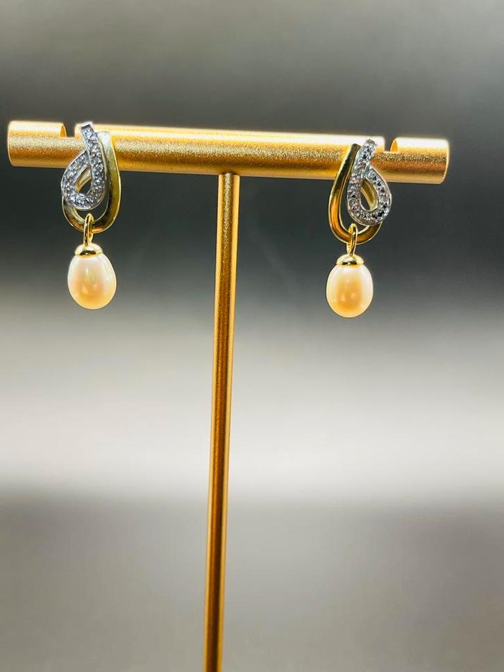 14 karaat geel- & witgouden oorbellen zoetwaterparel, Sieraden, Tassen en Uiterlijk, Oorbellen, Nieuw, Knopjes of Stekers, Goud