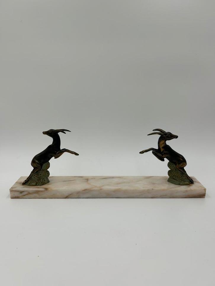 Antiek Art Deco Bureau-ornament – Bronzen Antilopen Marme, Antiek en Kunst, Kunst | Beelden en Houtsnijwerken, Ophalen of Verzenden