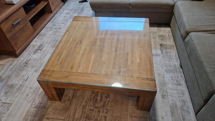 Houten Salontafel met Glazen Blad, Huis en Inrichting, Tafels | Salontafels, Zo goed als nieuw, Minder dan 50 cm, 100 tot 150 cm