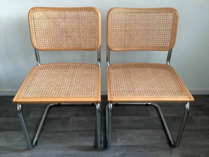 2 x Vintage design Cesca Breuer style webbing stoelen, Huis en Inrichting, Stoelen, Twee, Hout, Metaal, Riet of Rotan, Bruin, Ophalen