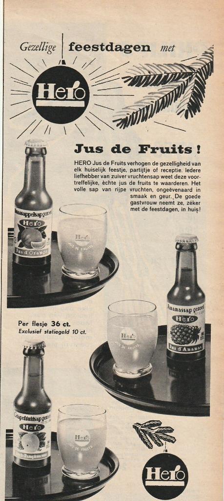 Retro reclame 1959 Hero frisdrank met Kerstmis jus de fruits, Verzamelen, Retro, Overige typen, Verzenden