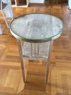 Vintage Frans café tafeltje hout, glazen blad, bronzen rand, Ophalen, Minder dan 55 cm, Gebruikt, FRANS, VINTAGE