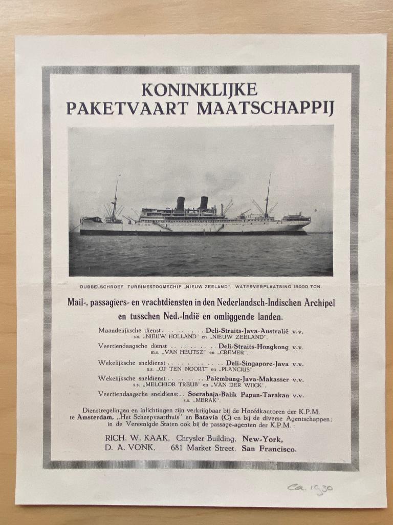 scheepvaart , advertentie KPM ca 1930 , ss Nieuw Zeeland, Verzamelen, Scheepvaart, Ophalen of Verzenden, Gebruikt, Motorboot, Kaart, Foto of Prent