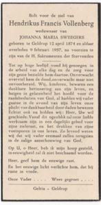 Hendrikus F. Vollenberg 1874 Geldrop + 1957 Gelderop, 72 jr, Verzenden, Bidprentje