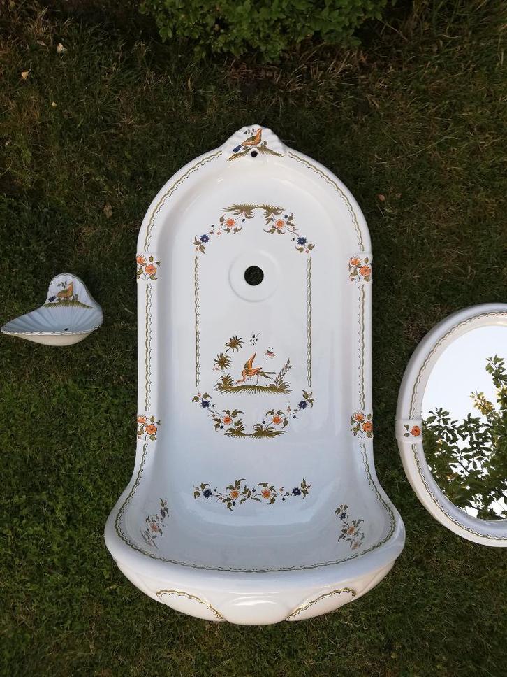 Fonteintje hoge rug, spiegel, zeepbakje, gedecoreerd, Antiek en Kunst, Curiosa en Brocante, Ophalen