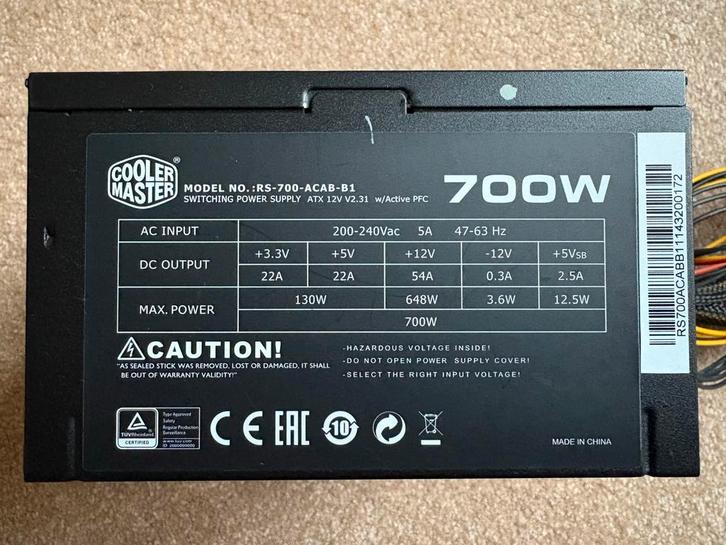 Cooler Master 700W PC Voeding, Computers en Software, Interne voedingen, Gebruikt, Ophalen of Verzenden